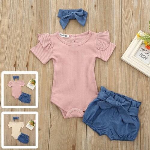3pcs Baby Girls Infant Clothes Set Romper Jumpsuit Bowknot Denim Shorts Outfits Summer Kids Clothes Girls Fashion Roupa Menina