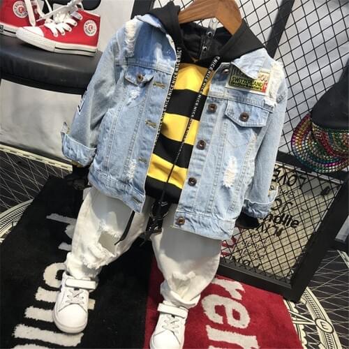 2019 Kids Clothes 3pcs Stripe Hoodie Denim Jacket Hole Pants Boys Spring Clothing Set Casual Tracksuit Kids Boys Clothes 2-7 Y