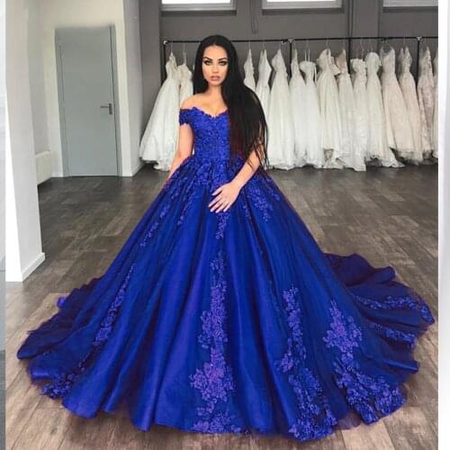 Robes De Soirée Ball Gown Royal Blue Appliques Prom Dress 2020 V Neck Sweep Train Evening Formal Party Gowns Custom Made 2021