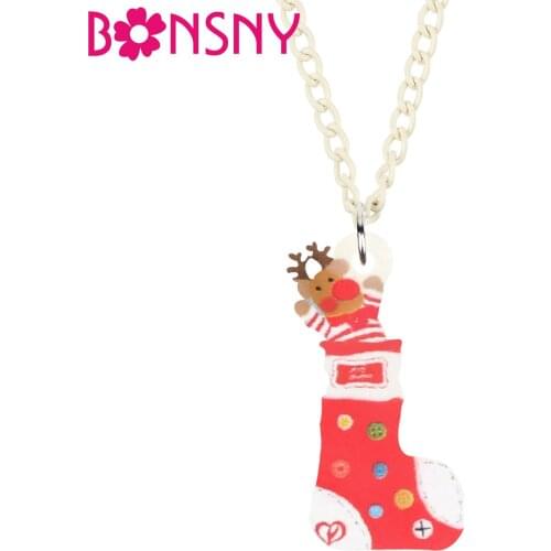 Bonsny Acrylic Christmas Sock Cartoon Elk Deer Necklace Chain Pendant Jewelry For Women Teens Girls Kids Charms Gifts Decoration