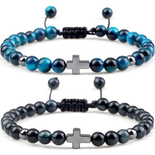Classic Cross Bracelet Natural Colorful Tiger Eye Stone 6MM Beads Onyx Meditation Prayer Braided Bracelets For Women Men Jewelry