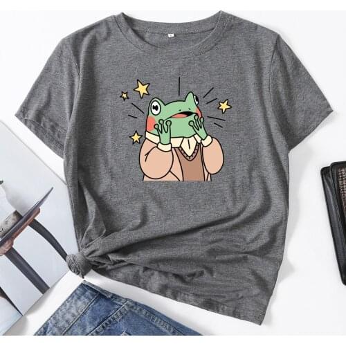 Cute Surprise Frog Shirt Stars Graphic Tee Woman T-Shirt Short Sleeve T-Shirts Summer Tops for Women Cotton Female Shirt Clothes