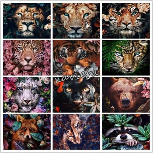 Full Square Diamond Embroidery Plant Animal Diamond Painting Tiger Lion Leopard 5D DIY Rhinestone Cross Stitch Kit Bedroom Decor