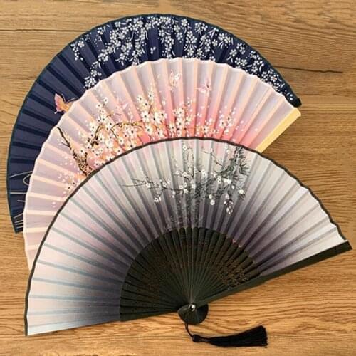 Chinese Printed Flowers Fan Held Fan Silk Fan Bamboo Retro Style Vintage For Dancing Home Decoration Supplies Folding Fans