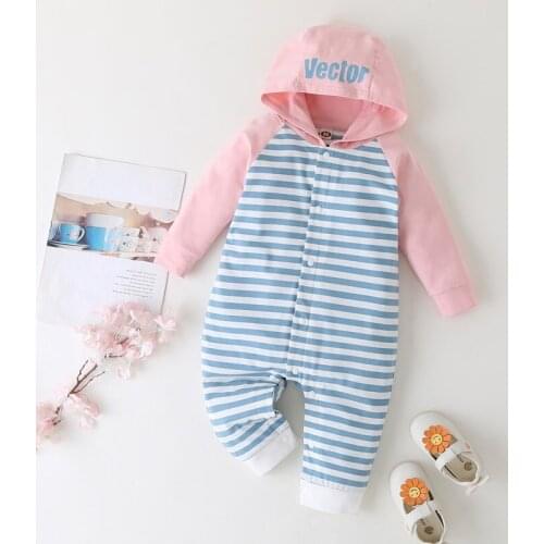 New Spring Fall Baby Girl Romper Cotton Striped Patchwork Single Breasted Hoodies Long Sleeve Baby Jumpsuit Infant Clothes 0-18M