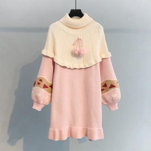 Kawaii Pink Soft Girl Pull Knitted Jumper Women Harajuku Long Sweater Long Sleeve Tops Korean Turtleneck Pullovers Sueters Mujer
