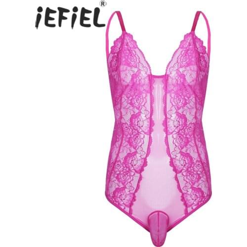 Mens Gay Jockstraps Sheer Crossdress Lingerie Adjustable Spaghetti Straps Lace Black Sissy Pouch Bodysuit Nightwear Sleepwear