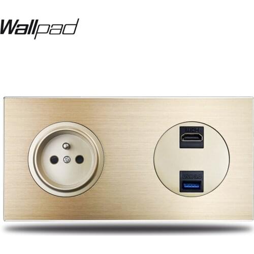 Wallpad L6 Gold French Wall Socket Electric Power Outlet HDMI USB 3.0 Connection Ports Gold Brushed Aluminum Metal Panel