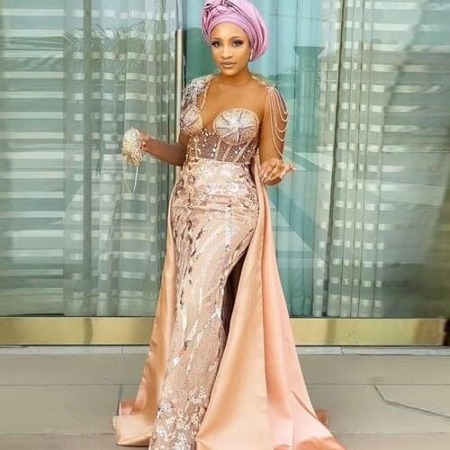 Nigerian Mermaid Evening Dresses For Black Girls Tassels Beads Long Sleeves Aso Ebi Prom Dress For Women Wear Robe Soirée