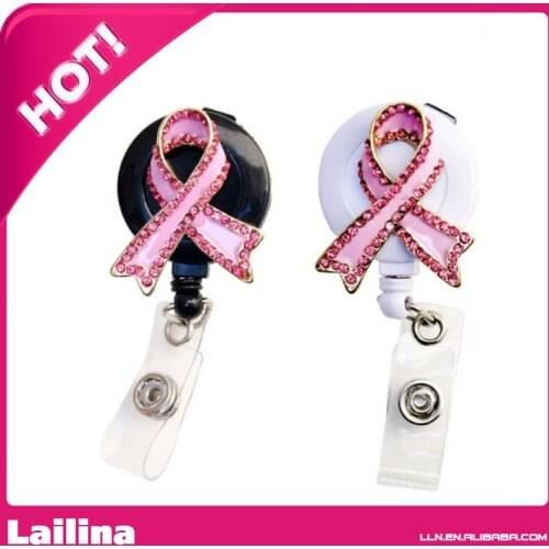 New Custom Bling Rhinestone Pink Breast Cancer Ribbon Badge Reel Retractable ID Badge Holder
