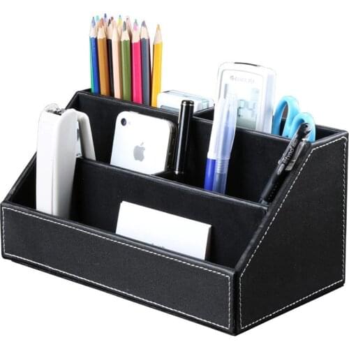 Office Wooden Pen Holder Leather School Supplies Multi-function Desk Stationery Organizer Storage Box, Pen/Pencil Holders Gifts