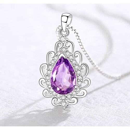 FYSL Silver Plated Water Drop Natural Amethysts Crystal Pendant Link Chain Necklace for Elegant Women Jewelry