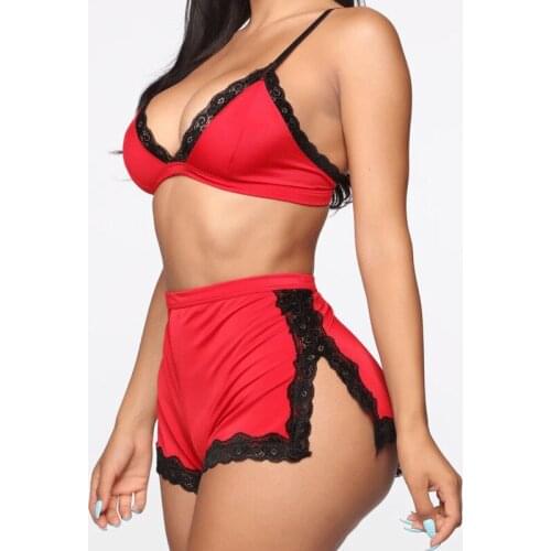 Womens Casual Loose Solid Lace Trim Satin Camis Top Shorts Pajama Set Women Sleeveless Spaghetti Strap Nightwear