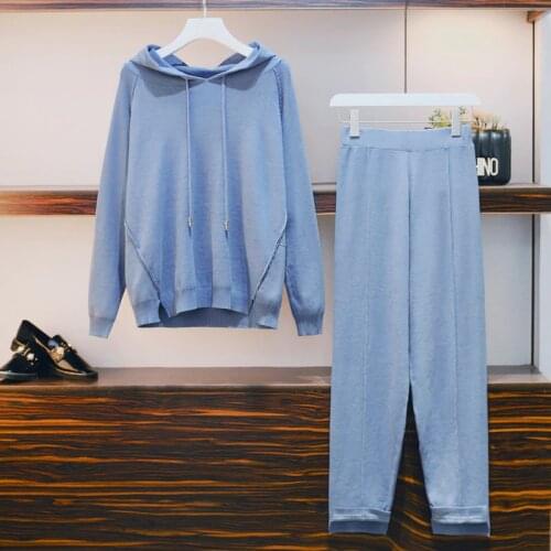 Plus Size Knitted Sporting Two Piece Sets 2021 Fashion Hooded Loose Tracksuit Women Casual Knit Sports Sets Suit Women Clothes