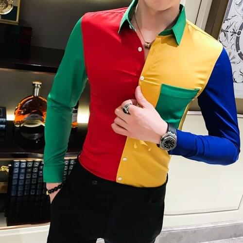 Sharp Contrast Color Multicolor Shirt Long Sleeve Contrast Color Stitching Shirt Mens Fashion Spring and Autumn Slim Shirt