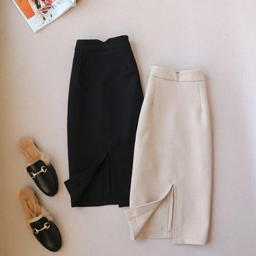 Chic Medium Long Faux Woolen Skirt Elegant Office Lady Bud Skirt All-match OL High Waist Slit Suit Skirt