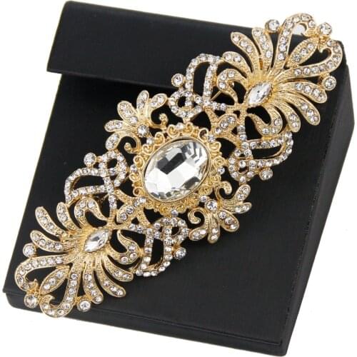 Sunspicems Gold Color Crystal Brooch Morocco Arabic Bridal Wedding Jewelry Flower Women Brooches Dubai Algeria Caftan Hijab Pins