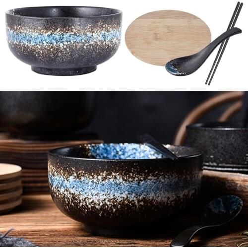 Japanese Ceramic Retro Soup Bowl Salad Bowl Tableware Retro Tableware Noodle Bowl Rice Bowl with Lid