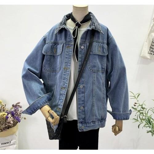 Harajuku Leopard Print Lapel Patchwork Denim Jacket Women Mid-length Loose Big pocket Long Sleeve Blue Casual Basic Jeans Jacket