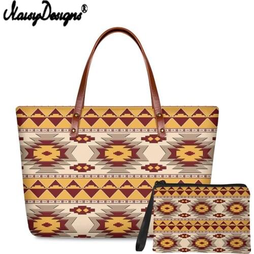 Noisydesigns New Arrival Fashion 2pcs Women Handbag And Purse Set Vintage Indian Native Tribe Pattern Print Cloth Shoulder Bag