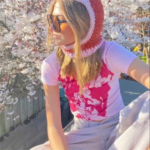 Women Summer Slim Crop Tops Y2K Style Sexy Figure Print Short Sleeve Round Neck T-shirt Red/Blue/Pink