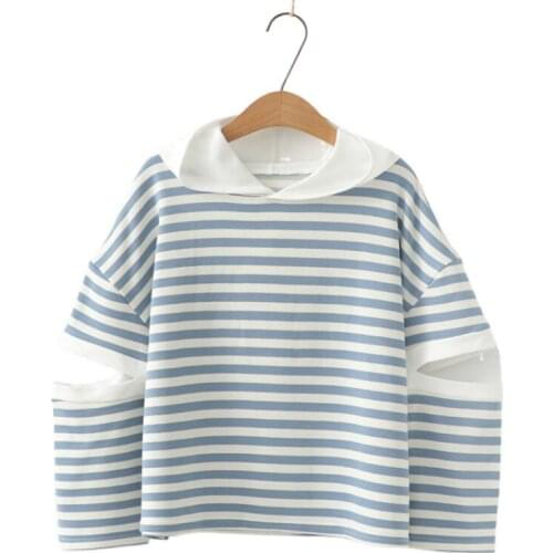 Women Hooded Sweatshirts Blue White Striped Hoodies 2020 Autumn Long Sleeve Holow Out Cotton Pullover Tracksuits Casual Tops