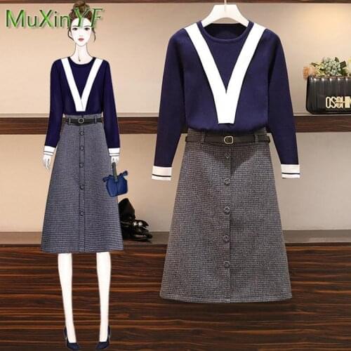 Women Dress Set 2021 New Autumn Winter Loose Plus Size Knitted Sweater Skirt Two-piece Korean Elegant Casual Crop Top Skirt Suit