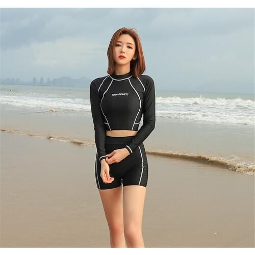 Long Sleeve Rash Guard Women Solid Two Piece Swimsuit Crop Top Swimwear High Neck Bathing Suits Black Surfing Suits Pad Shorts