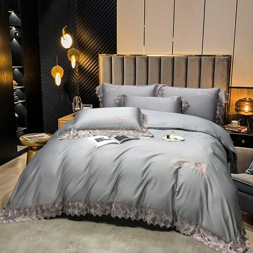 120S Egyptian cotton Bedding Set Lace Embroidery duvet cover bed linen luxury hotel pillowcases flat sheet Court style bedsheet
