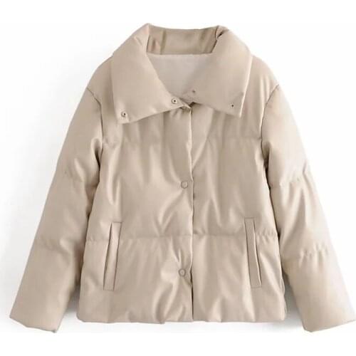 2021 Women PU Leather Parkas Fashion High Street Solid Leather Coats Elegant Winter Thick Cotton Jackets Loose Outerwear