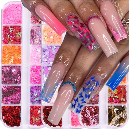 12 Grids Butterfly Nail Sequins Mixed Color Love Heart Design Nail Flakes Sparkle 3D Nail Art Decorations Manicure Accessories
