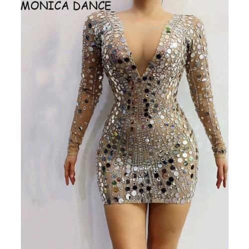 Sparkly Silver Stones Sequins Transparent Feather Sleeves Dress Birthday Celebrate Outfit Bar DS Latin Dance Dress