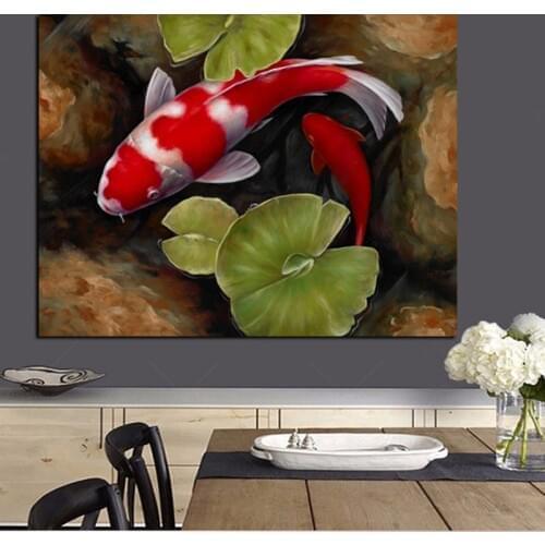 Print Chinese Koi Fish Lotus Feng Shui Animal Landscape Canvas Painting Wall Art Picture For Living Room Moder Sofa Home Decor
