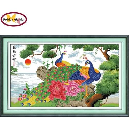GG Bright prospect peacocks craft cross stitch charts Joy Sunday counted stamped Chinese cross stitch kit for home decoration