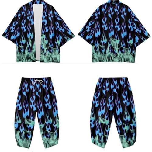 Gradient Blue Flame Printed Kimono Cardigan Men Japanese Traditional Casual Loose Thin Set Coat Pants Asian Clothes Harajuku