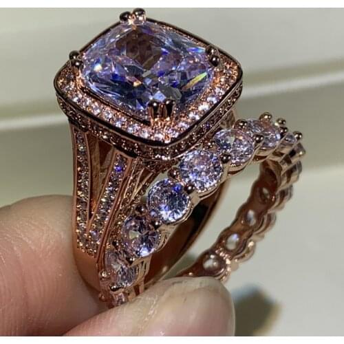 Top Selling Luxury Jewelry Stunning 925 Sterling Silver&Rose Gold Fill Cushion Shape White Big 5A CZ Women Bridal Ring Set Gift