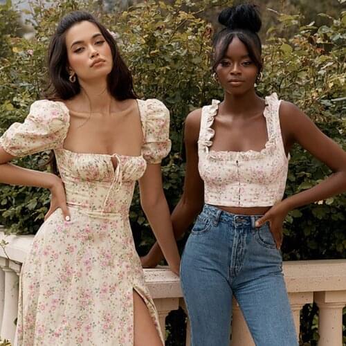 Sexy Floral Printed Ruched Slash Neck Sleeveless Backless Cropped Slim Elegant Tank Tops Casual Vest New Arrival Female Tops