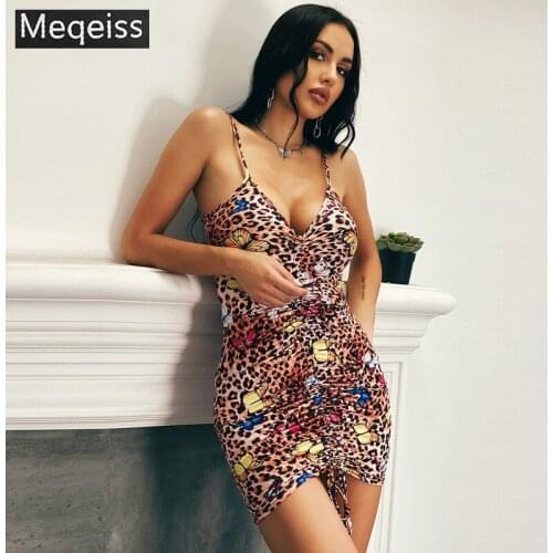 Meqeiss 2020 Butterfly Print Fashion Drawstring Ruched Mini Dresses Sleeveless Party Club Spaghetti Strap Sexy Backless Dresses