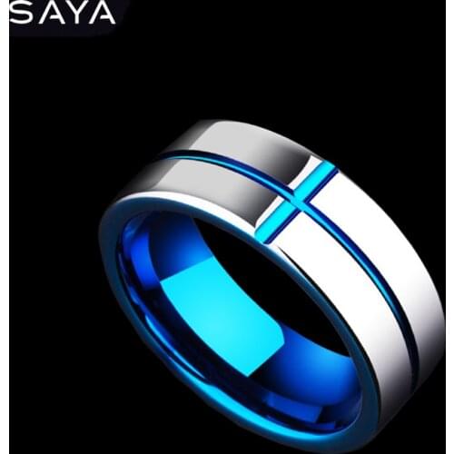 Men Tungsten Grooved Ring, Plate Blue Fashion Jewelry Ring for Wedding/Gift, Free Shipping, Customized