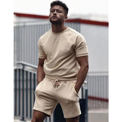 Mens Solid Color Cotton Stitching Short-sleeved Sports Suit Summer Fashion Sports Slim Breathable Shorts Suit 2-piece Mens Set