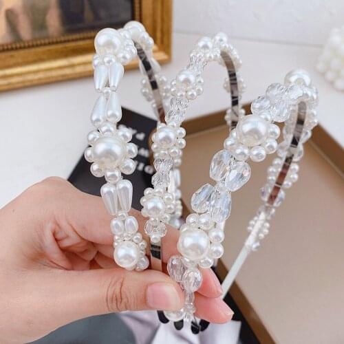New Women Elegant Crystal Imitation Pearls Simple Hairbands Sweet Headband Flower Hair Hoops Fashion Wedding Hair Accessories