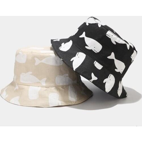 Cute white Whale Bucket Hat Printed Fisherman Hat Lovely Outdoor Sunscreen Cap Foldable Gorros Bob Fishing Hat for Women Men