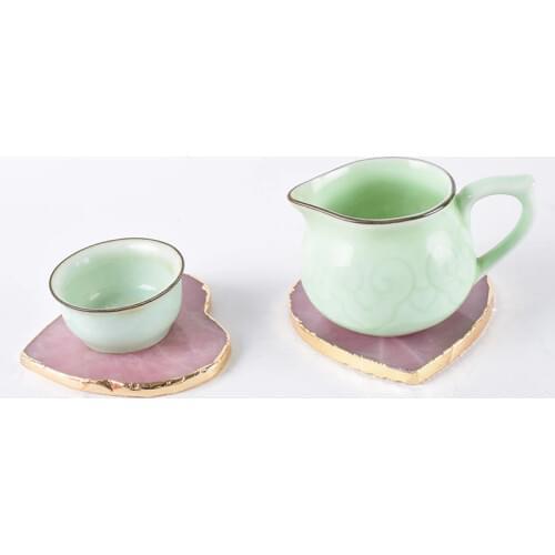 9.5cm Rose Quartz Pad Electroplated Gold Edge Heart Shape Gems Crafts Slice Coaster Cup Holder Natural Stone Mat Decor plates