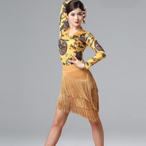Professional Latin Dance Practice Clothes 2019 New WomenS International Ballroom Long Sleeve Printed Tops Fringed Skirt DL5026