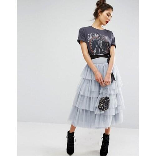 Gray Womens Skirts Tulle Stack-up Skirt Saia Pleated Tiered Zipper Waist Midi Saias feminina New Design Tulle Skirt