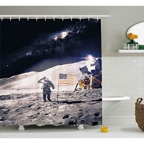 Space Shower Curtain Astronaut on Moon with American Flag Invasion Rocket Cosmonaut Mission Print Waterproof Curtains Home Decor