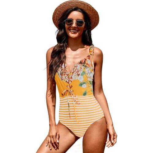 Yellow Floral and Striped Lace-up One-piece Bodysuit Swimwear Women Summer Beach Bathing Suit Monokini Swimsuit S~2XL
