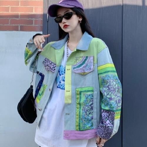 2021 Spring Autumn Street Color Stitching Denim Jackets For Women New Korean Fashion All-Match Long Sleeve Jeans Coat Top Female