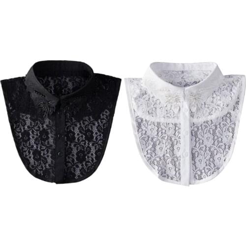 Women Lace Lapel Half Shirt Embroidery Leaves Pearl False Collar Dickey Blouse G5AE