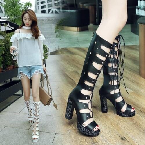 Knee High Sandals Lace Up Cross Strap Gladiators Platform Block High Heel Roman Shoes Retro Womens Hollow Out Summer 2Colors